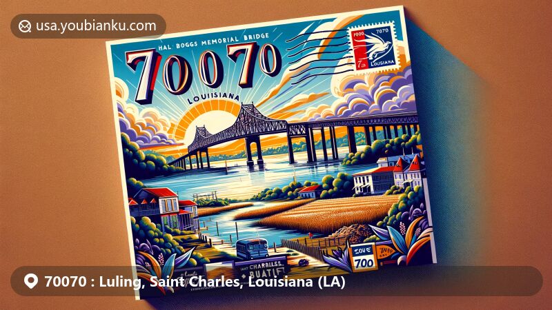 Modern illustration of Luling, Saint Charles Parish, Louisiana, highlighting Hale Boggs Memorial Bridge and scenic beauty of Mississippi River and sugarcane fields, with a postal theme showcasing ZIP code 70070.