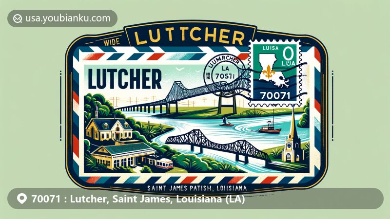 Modern illustration of Lutcher, Saint James Parish, Louisiana, featuring a vintage airmail envelope with elements representing the area's geography and culture, including the Gramercy Bridge over the Mississippi River and the Louisiana state flag.