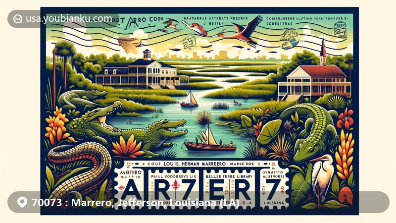 Modern illustration of Marrero, Jefferson, Louisiana, spotlighting ZIP code 70073, capturing Barataria Preserve's nature, including bayous, swamps, and wildlife like alligators and herons, showcasing Belle Terre Library, representing education and community spirit.