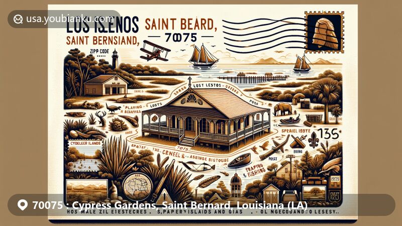 Modern illustration of Cypress Gardens area in Saint Bernard Parish, Louisiana, featuring postal theme with ZIP code 70075, highlighting Los Isleños Museum and Cultural Center preserving Isleños heritage, Spanish influences, including Creole cottages, fishing, hunting symbols, and impact of oil and gas industry, along with Chandeleur Islands and Chandeleur Sound.