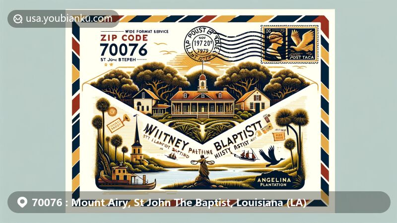 Vintage illustration of Mount Airy, St. John the Baptist Parish, Louisiana, featuring postal theme with ZIP code 70076, integrating Whitney Plantation Historic District and Angelina Plantation art.