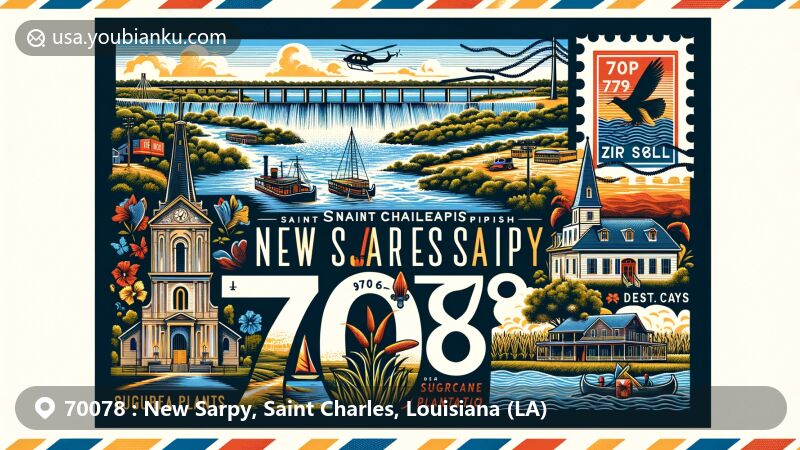 Modern illustration of New Sarpy, Saint Charles Parish, Louisiana, capturing the essence of ZIP Code 70078 with Bonnet Carre Spillway and Destrehan Plantation, reflecting area's history and connection to Mississippi River.