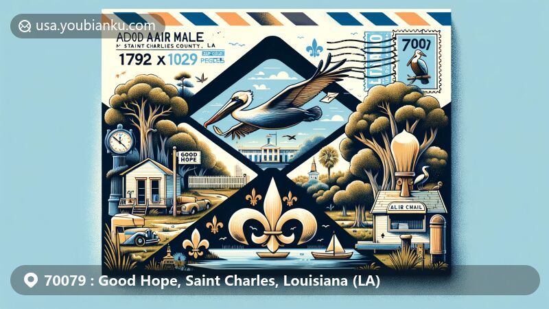 Modern illustration of Good Hope, Louisiana, representing postal theme with brown pelican and bald cypress state symbols, featuring Fleur-de-lis symbol and postmark '70079'.
