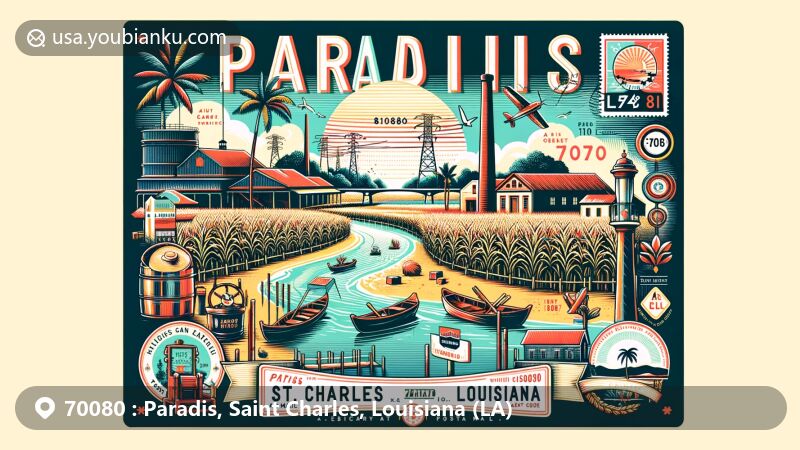 Modern postcard design featuring Paradis, Saint Charles, Louisiana, with ZIP code 70080, showcasing sugarcane fields, Mississippi River, and St. Charles Parish symbols.