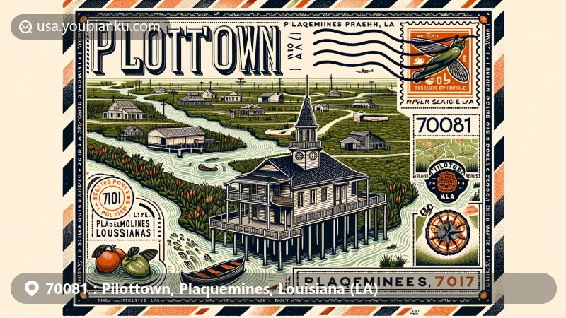 Modern illustration of Pilottown, Plaquemines Parish, Louisiana, showcasing postal theme with ZIP code 70081, featuring historic pilot buildings, river navigation symbols, and a persimmon stamp.