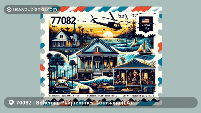 Modern illustration of Bohemia, Plaquemines Parish, Louisiana, inspired by airmail design and showcasing local landmarks like Harlem Plantation House, reflecting the area's history and resilience post-Hurricane Katrina.