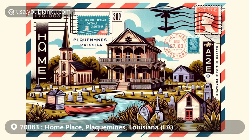 Modern illustration of Home Place, Plaquemines, Louisiana, featuring Harlem Plantation House, St. Thomas the Apostle Catholic Church and Cemetery, with a background map of Plaquemines Parish. Includes postal elements like stamp and ZIP code 70083, highlighting Louisiana state and Home Place name.
