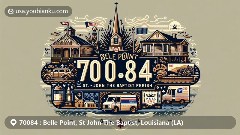 Modern illustration of Belle Point, St. John The Baptist Parish, Louisiana, featuring postal elements and Louisiana state symbolism, integrating natural landscapes and architectural landmarks.