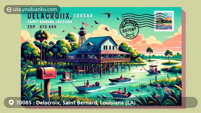 Modern illustration of Delacroix, Saint Bernard County, Louisiana, featuring Delacroix Lodge, fishing boats, and lush wetlands, highlighting ZIP code 70085.