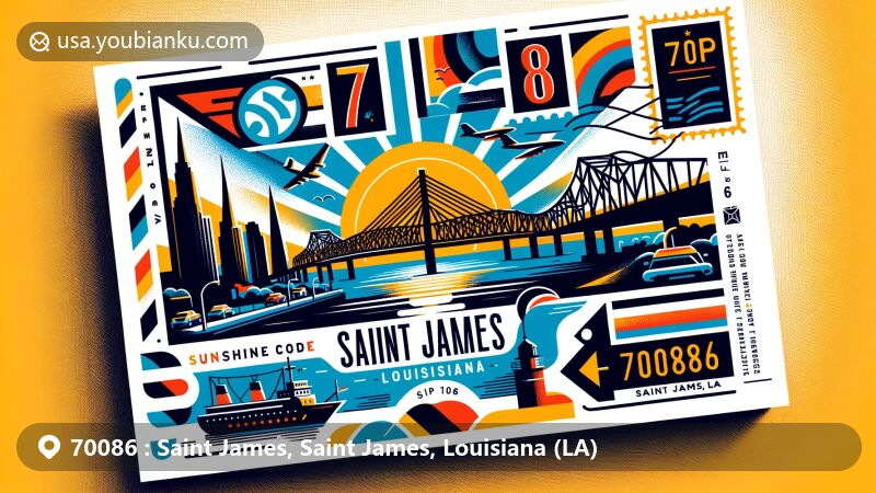Modern illustration of Saint James, Saint James Parish, Louisiana, depicting postal theme with ZIP code 70086, featuring Sunshine Bridge silhouette, Mississippi River, postage stamp, postmark, and airmail envelope border.