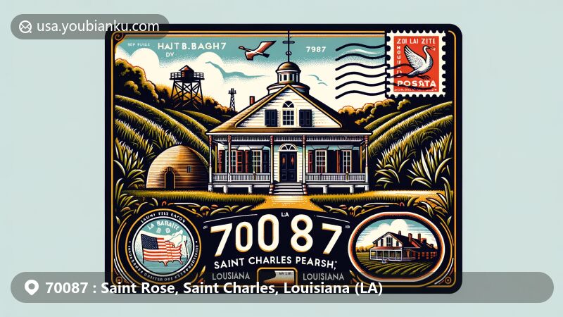 Modern illustration of Saint Rose, Saint Charles Parish, Louisiana, showcasing postal theme with ZIP code 70087, featuring LaBranche Plantation Dependency House and Louisiana state symbols.