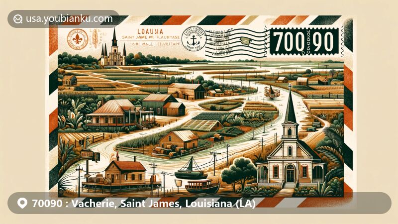 Modern illustration of Vacherie, Saint James Parish, Louisiana, showcasing postal theme with ZIP code 70090, featuring Laura Plantation and Our Lady of Peace Church.