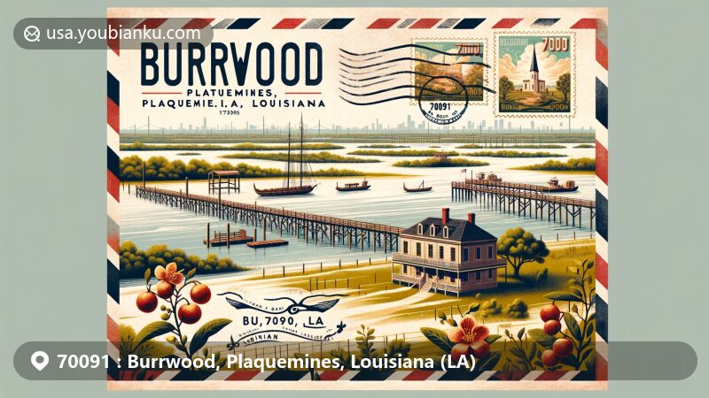 Modern illustration of Burrwood, Plaquemines, Louisiana, showcasing ZIP code 70091, featuring the Mississippi River delta and Fort Jackson, with subtle nods to coastal erosion and persimmon trees.