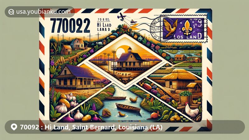Modern illustration of Hi Land area in Saint Bernard Parish, Louisiana, showcasing air mail envelope theme with vibrant Isleño cultural elements and Bayou Terre-aux-Boeufs backdrop.