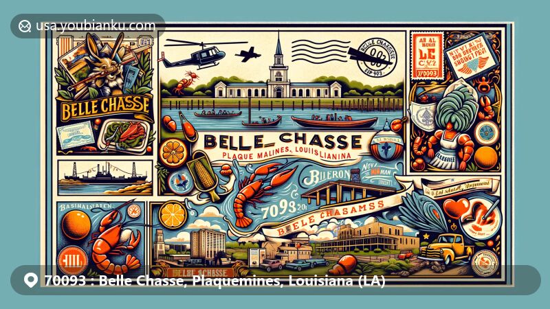 Modern illustration of Belle Chasse, Plaquemines, Louisiana, showcasing postal theme with ZIP code 70093, featuring Mississippi River, Naval Air Station Joint Reserve Base, Orange Fest, Crawfish Fest, and Louisiana seafood culture.