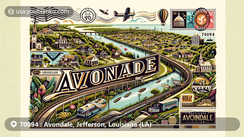 Modern illustration of Avondale, Jefferson County, Louisiana, highlighting ZIP code 70094 with NOLA Motorsports Park and Mississippi River views.