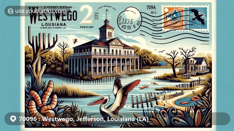 Modern illustration of Westwego, Louisiana, featuring Seven Oaks Plantation, Greek Revival architecture, state symbols like the pelican, and cultural elements such as Mardi Gras and seafood, set against the backdrop of the Mississippi River, with postal theme and ZIP code 70096.