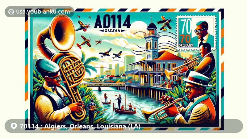Modern illustration of Algiers, Orleans, Louisiana, showcasing jazz culture and postal theme with ZIP code 70114, featuring musicians, the Mississippi River, Algiers landmarks, and lush environment.