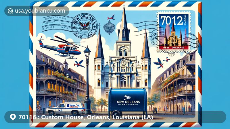 Modern illustration of New Orleans' ZIP code 70116, featuring St. Louis Cathedral and New Orleans Jazz Museum, airmail envelope with detailed stamp and postmark elements, American mailbox, and postal van.