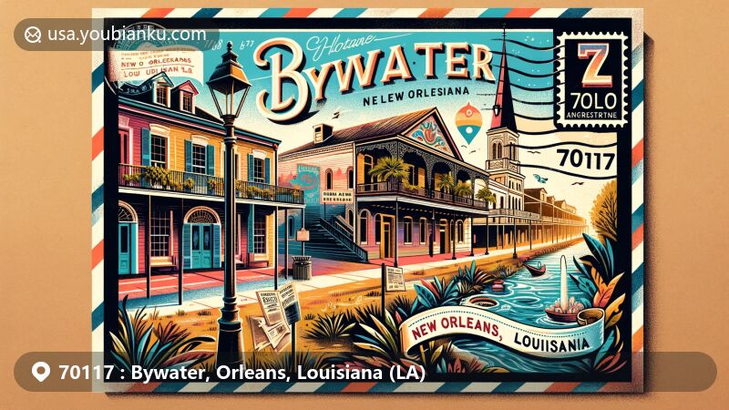 Modern illustration of Bywater, New Orleans, Louisiana, presenting ZIP Code 70117 area with colonial French, Spanish, and Caribbean architectural influences, showcasing Plessy v. Ferguson historical marker and vintage postcard theme.