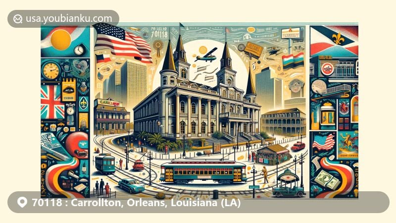 Modern illustration of Carrollton, Orleans, Louisiana, blending postal theme with regional characteristics, featuring Carrollton Courthouse, iconic streetcar on Carrollton Avenue, and influences from German and Irish immigrants.