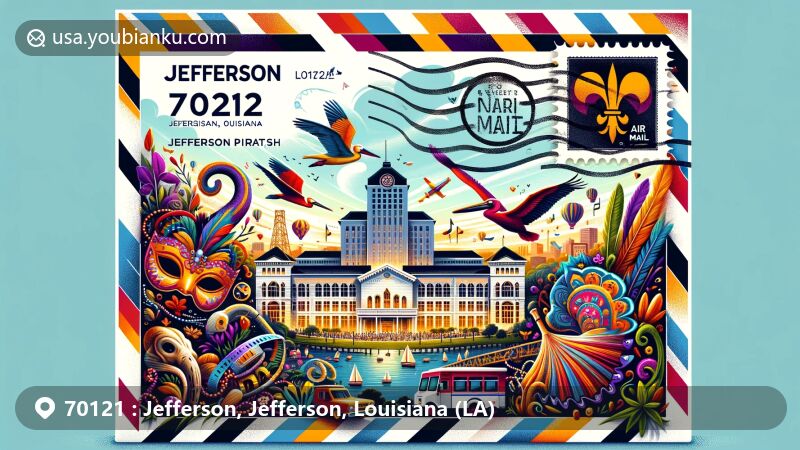 Modern illustration of Jefferson, Jefferson Parish, Louisiana, mimicking an air mail envelope with ZIP code 70121, spotlighting Ochsner Medical Center and Mardi Gras elements, surrounded by local flora and fauna.