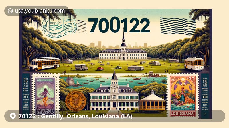 Modern illustration of Gentilly, Orleans, Louisiana, capturing local landmarks, cultural elements, and postal theme with ZIP code 70122, featuring Dillard University campus, Mississippi River, and Mardi Gras festival.