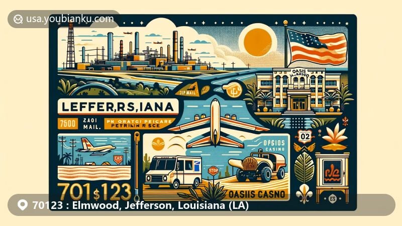 Modern illustration of Elmwood, Jefferson County, Louisiana, with postal theme and ZIP code 70123, featuring strategic petroleum reserve, diverse demographics, Oasis Casino, and Louisiana state flag.