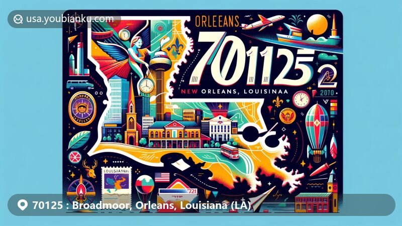 Modern illustration of Broadmoor, Orleans, Louisiana, showcasing postal theme with ZIP code 70125, featuring cultural landmarks like Broadmoor Arts & Wellness Center and vintage postal elements.