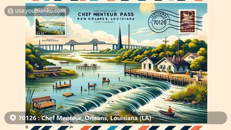 Modern illustration of Chef Menteur, Orleans, Louisiana (ZIP code 70126), highlighting Chef Menteur Pass as a natural waterway connecting Lake Pontchartrain and Lake Borgne. Includes a bridge symbol, water, local flora, clear sky, and postcard border with postal elements.