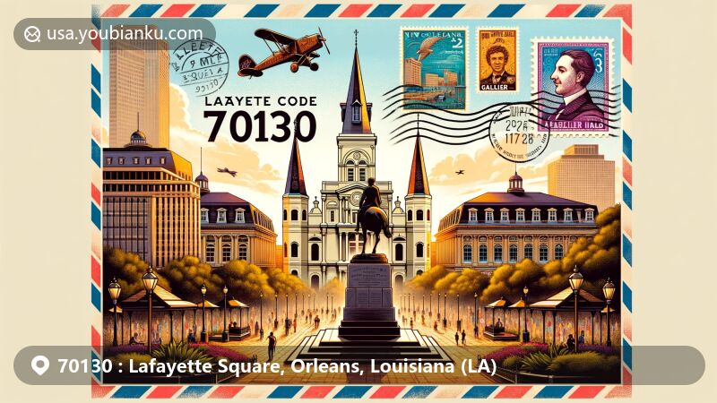 Modern illustration of Lafayette Square in Orleans, Louisiana, highlighting its role as a historic and vibrant public park in the Central Business District. Features include the bronze statue of Henry Clay, former City Hall, Gallier Hall, and post-Hurricane Katrina recovery. Incorporates postal themes with air mail envelope, vintage stamps, and '70130' postmark.