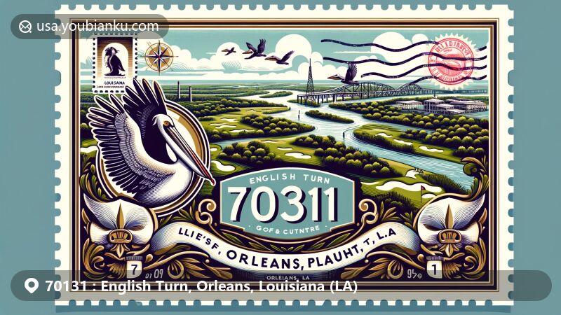 Modern illustration of English Turn area in Orleans Parish, Louisiana, featuring iconic Louisiana symbols like the pelican and Mississippi River, set around the English Turn Golf and Country Club. Styled as a postcard with vintage postal elements and ZIP code 70131.