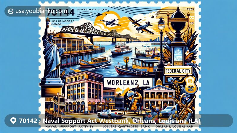 Modern illustration of Naval Support Act Westbank, Orleans, Louisiana, showcasing ZIP code 70142 with Mississippi River, historic naval buildings, Federal City redevelopment, jazz tribute, and postal elements.