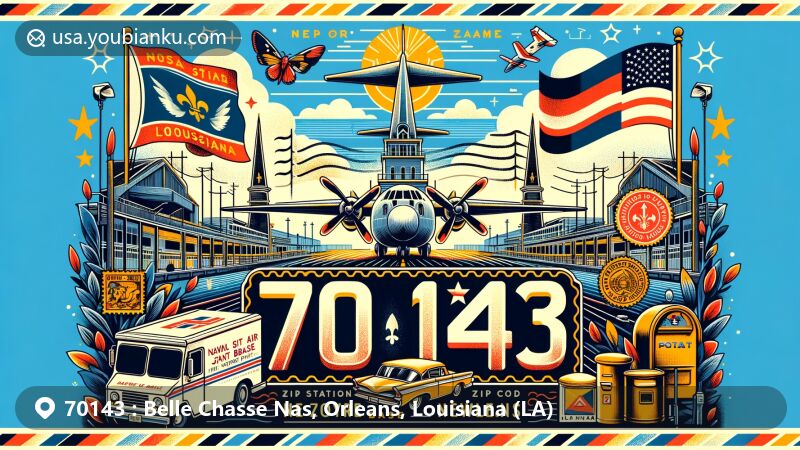 Modern illustration of Naval Air Station Joint Reserve Base New Orleans (NAS JRB New Orleans), highlighting ZIP code 70143 area with Louisiana state symbols and creative postal elements.