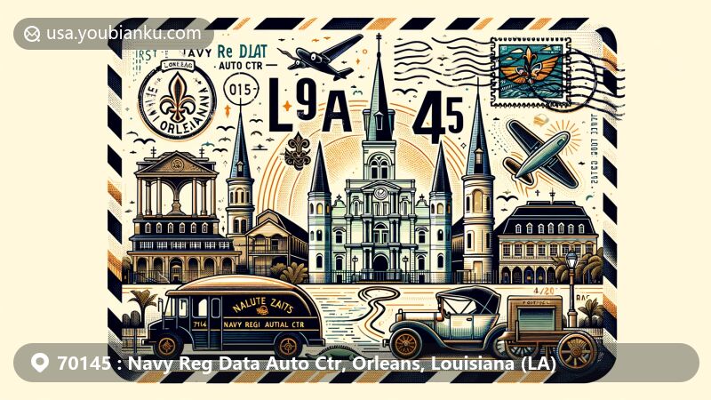 Vintage-style illustration of ZIP Code 70145, Orleans, Louisiana, featuring St. Louis Cathedral, Chalmette National Historical Park, voodoo symbol, alligator, Louisiana state flag stamp, and postal elements.
