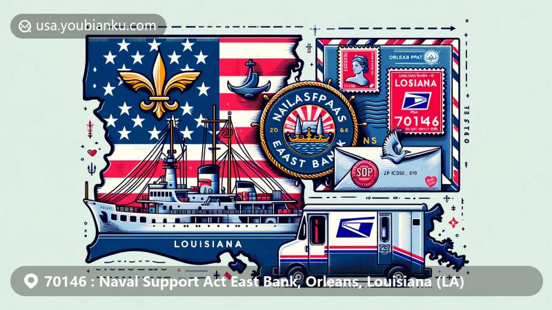 Modern illustration of Naval Support Act East Bank in Orleans, Louisiana, depicting iconic buildings with historical military ships and contemporary businesses, symbolizing ZIP code 70146.