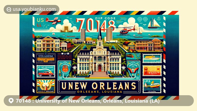 Modern illustration of University of New Orleans, Orleans, Louisiana, highlighting ZIP code 70148, showcasing iconic campus entrance against Lake Pontchartrain backdrop symbolizing resilience post-Hurricane Katrina, featuring French Quarter, St. Louis Cathedral, and local music scene.