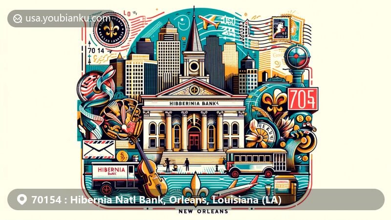 Modern illustration of Hibernia National Bank in New Orleans, Louisiana, featuring postal theme with ZIP code 70154, showcasing iconic city elements like fleur-de-lis, jazz instruments, and Louisiana map outline.