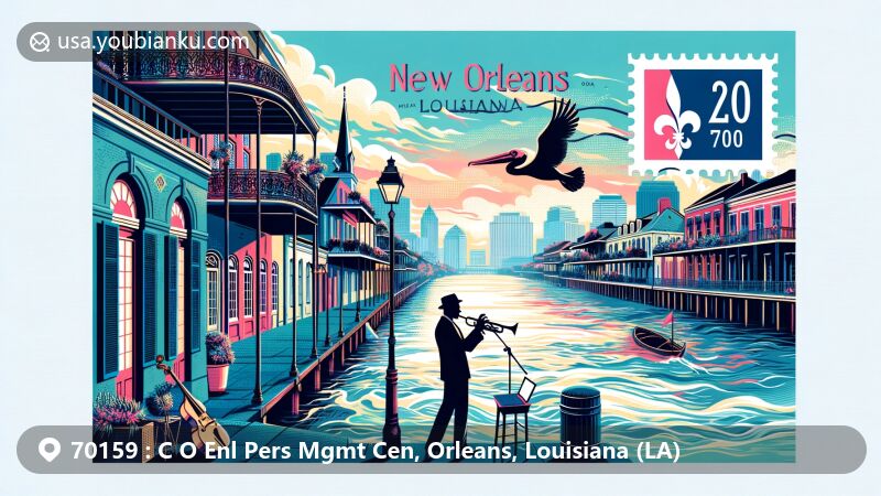 Modern illustration of New Orleans, Louisiana, portraying ZIP code 70159, featuring iconic elements of the city's culture and geography, such as the Mississippi River, French Quarter architecture, jazz musician, and Louisiana state flag.