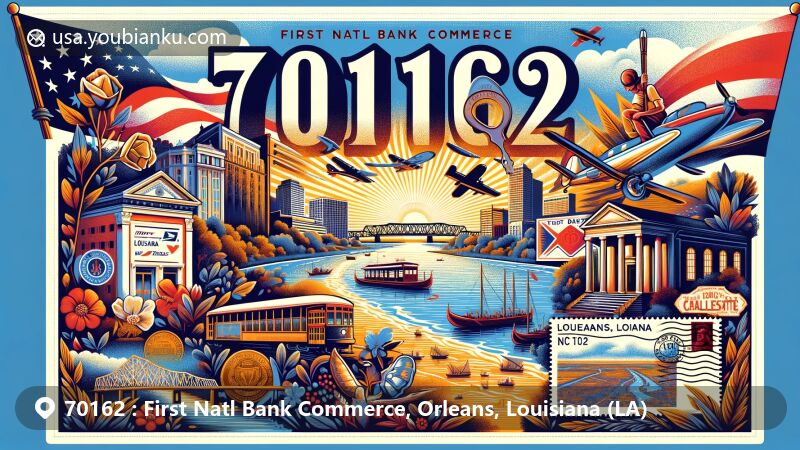 Modern illustration of the First Natl Bank Commerce area in Orleans, Louisiana, featuring iconic symbols like the Mississippi River and Chalmette Battlefield, along with postal elements like vintage air mail envelope and ZIP code 70162.