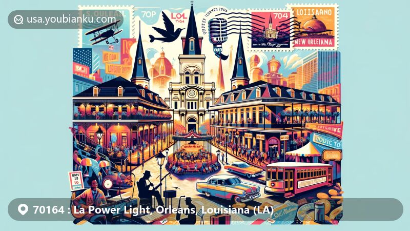 Modern illustration of New Orleans showcasing cultural and historical landmarks merged with postal elements for ZIP code 70164, featuring iconic buildings like St. Louis Cathedral and Jackson Square in the French Quarter immersed in jazz music and vibrant nightlife. The National WWII Museum represents historical significance, while the Louisiana State Museum displays the diverse culture and history of Louisiana. Vintage aviation mail envelopes, stamps, and postmarks with '70164' ZIP code and 'La Power Light, Orleans, Louisiana' cleverly integrated into the design. The overall concept captures the rich history of New Orleans, its role in jazz music, and essence of unique architecture, while emphasizing postal theme to evoke the lively atmosphere of New Orleans and its landmarks.