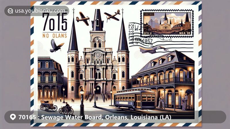 Modern illustration of 70165 ZIP code area in New Orleans, Louisiana, featuring landmarks like Preservation Hall and St. Louis Cathedral on an air mail envelope.