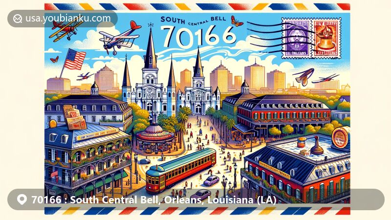 Modern illustration of New Orleans, Louisiana, inspired by ZIP code 70166, featuring iconic landmarks like the French Quarter, St. Louis Cathedral, and Bourbon Street, creatively designed as a postcard with vibrant cultural elements and historic charm.