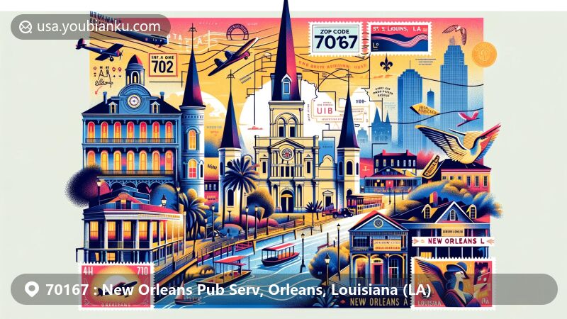 Modern illustration of ZIP Code 70167 in New Orleans, Louisiana, incorporating landmarks like the National WW2 Museum, French Quarter, and St. Louis Cathedral, alongside postal symbols on a map of Orleans Parish.