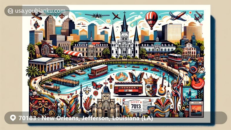 Modern illustration of New Orleans, Louisiana, showcasing iconic landmarks like the National WW2 Museum, French Quarter, St. Louis Cathedral, and more, with vibrant colors and postal theme.