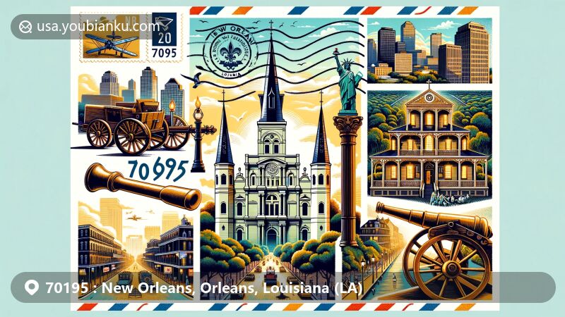 Modern illustration of New Orleans 70195 ZIP code area, showcasing St. Louis Cathedral, Chalmette National Historical Park, St. Louis Cemetery No. 1, and Jackson Square. Includes vintage air mail envelope, postal stamp, and postmark.