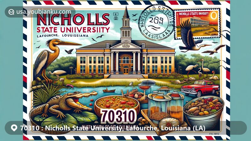 Modern illustration of Nicholls State University in Lafourche, Louisiana, featuring iconic university building, bayou wildlife like alligators and herons, and culinary symbols of Cajun and French cuisine.