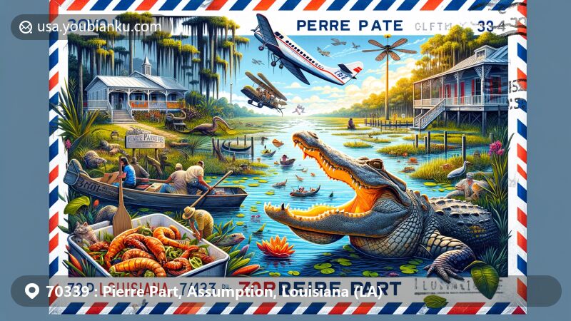 Modern illustration of Pierre Part, Assumption Parish, Louisiana, showcasing postal theme with ZIP code 70339, featuring Atchafalaya Basin, cypress trees, alligator, boat, boiled crawfish, and Louisiana state flag stamp.