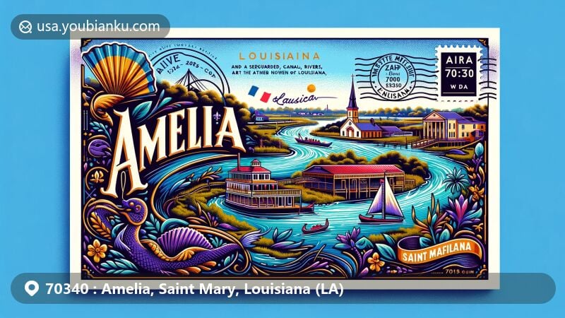 Modern illustration of Amelia, Saint Mary Parish, Louisiana, featuring a postcard design with ZIP code 70340, showcasing waterways, Louisiana state flag, and Amelia Belle Casino riverboat.