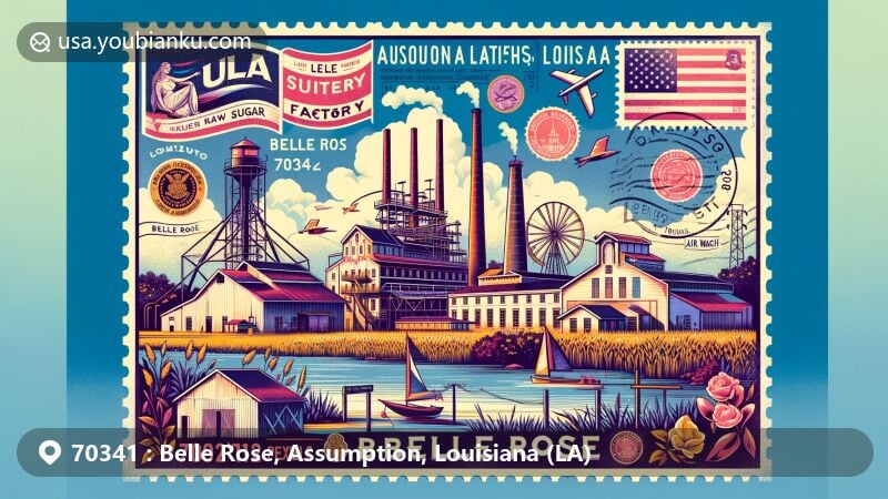 Modern illustration of Belle Rose, Assumption Parish, Louisiana, featuring Lula Raw Sugar Factory and Belle Alliance Plantation, with Louisiana state symbols, highlighting ZIP code 70341 in a postal card design.